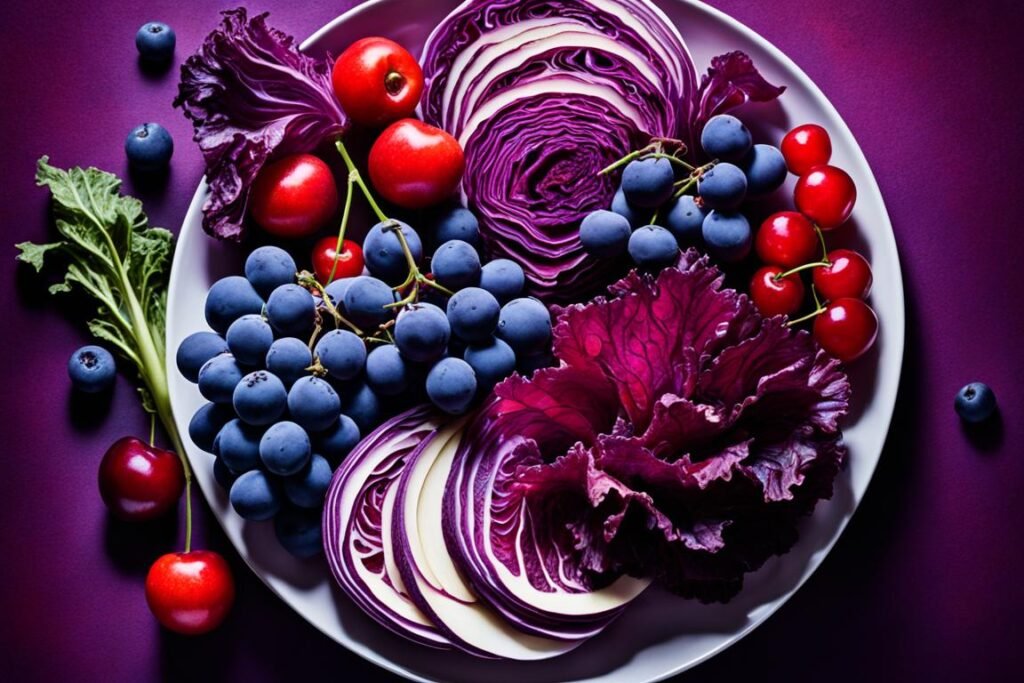 repolho roxo, cerejas e uvas